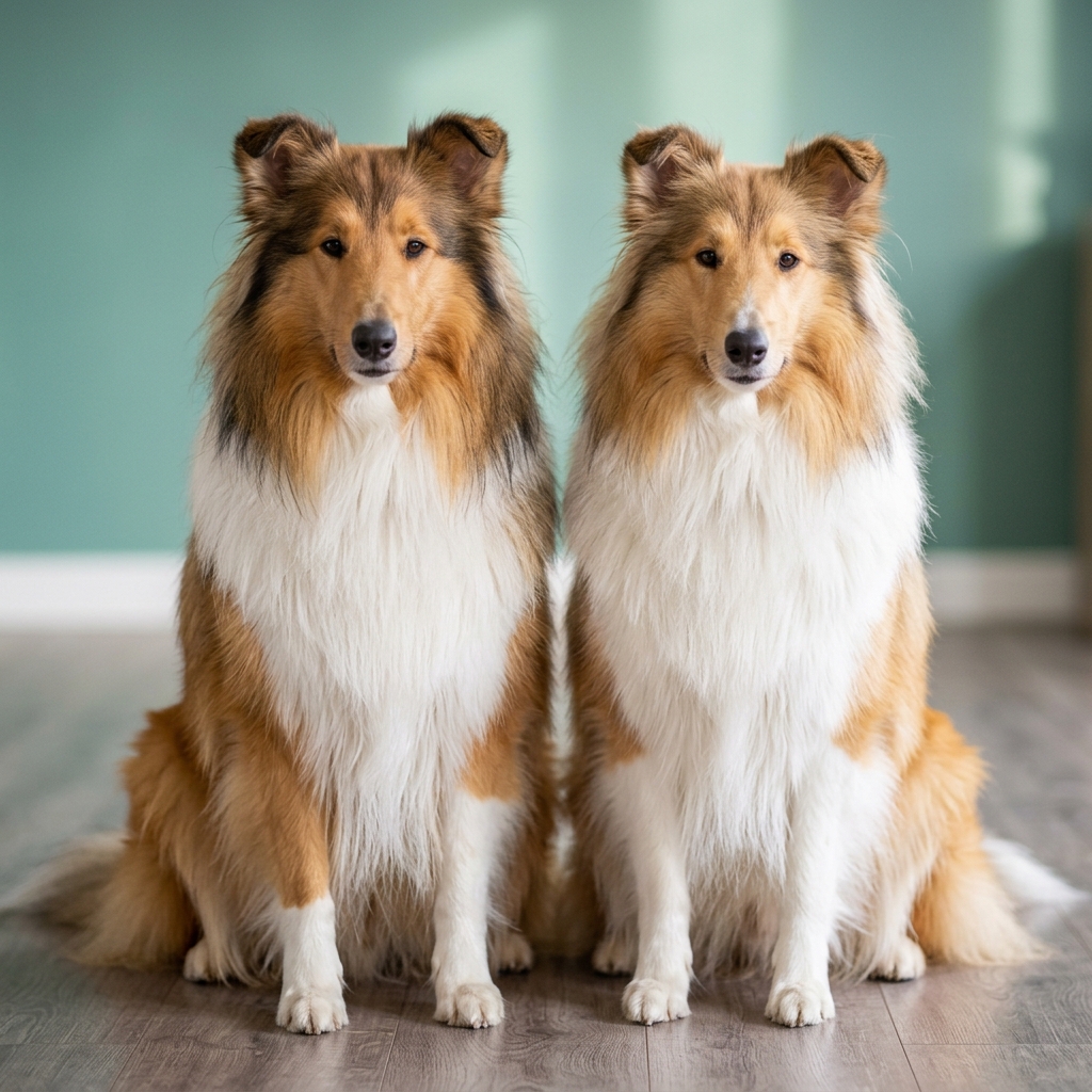 Zwei gesunde erwachsene Langhaarcollies sitzen nebeneinander vor türkisgrünem Hintergrund