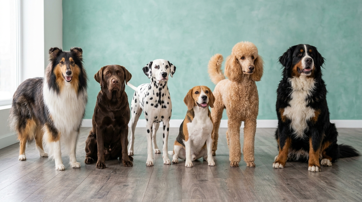 Sechs gesunde erwachsene Hunde verschiedener Rassen nebeneinander vor einer türkisgrünen Wand